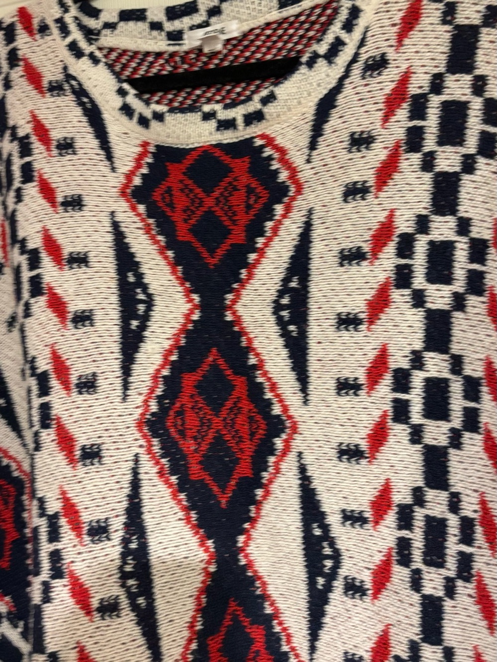 Ardene Cream Knit Fringe Poncho with Navy and Red Geometric Design - Picture 3 of 5